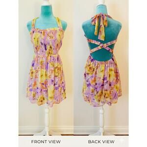 Purple Yellow Floral Smocked Halter Mini Dress Backless Criss Cross Fairycore M